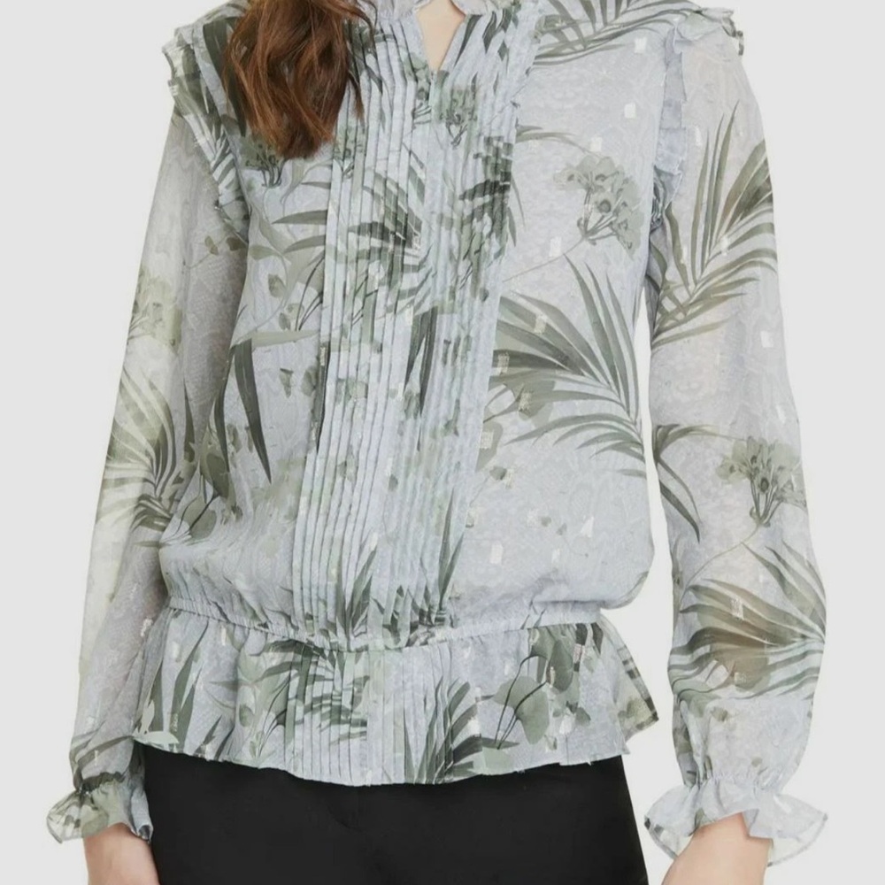 Ted Baker Tibbine Highland Pleated Floral Print Gray Long-Sleeve Top - Size 1